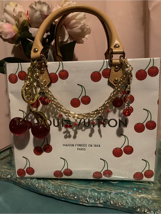 Louis Vuitton Handbags - Louis Vuitton White Cherry-Print Top Handle Tote with Tan Handles